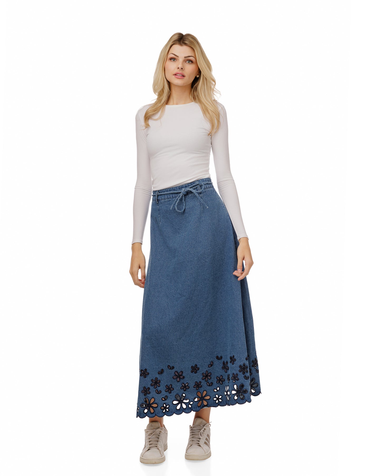 Blue Denim Skirt With Open Embroidery