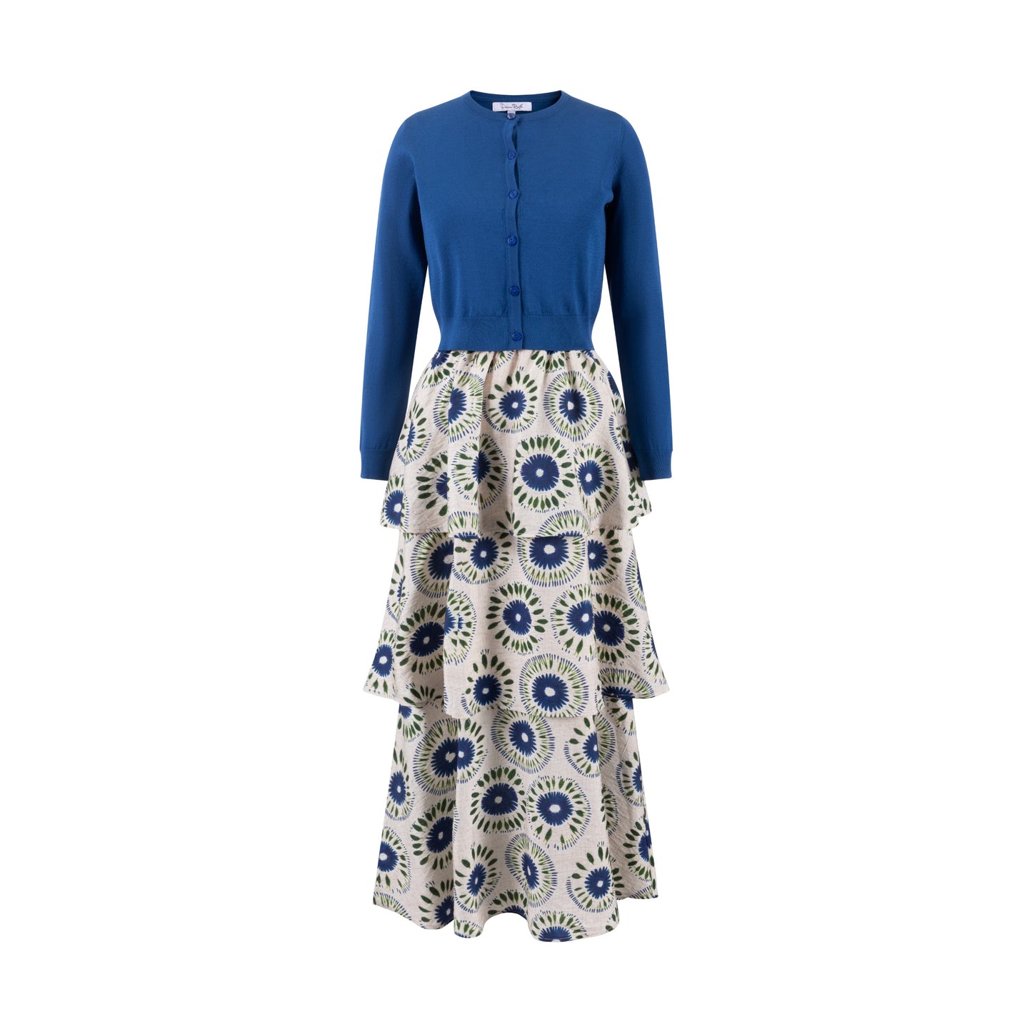 Blue And Green Printed Layered Jumper With Royal Blue Knit Cardigan