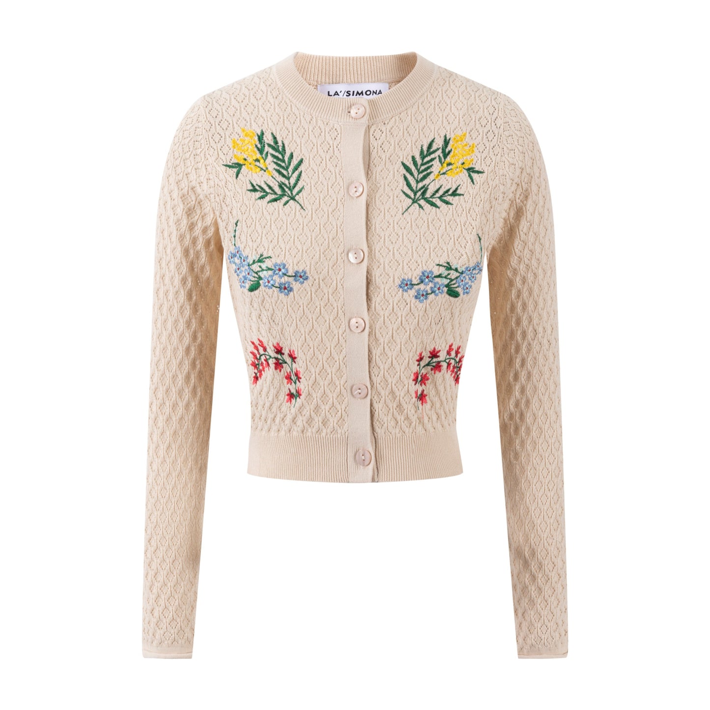 Tan Knit Textured Cardigan With Embroidered Flowers