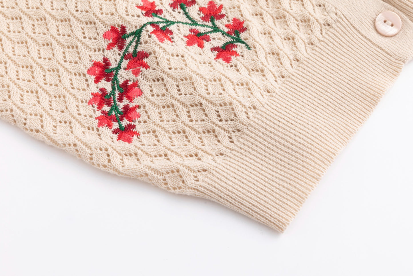 Tan Knit Textured Cardigan With Embroidered Flowers