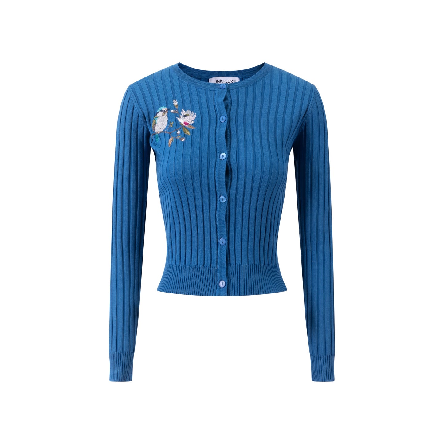 Blue Knit Cardigan With Embroidered Bird
