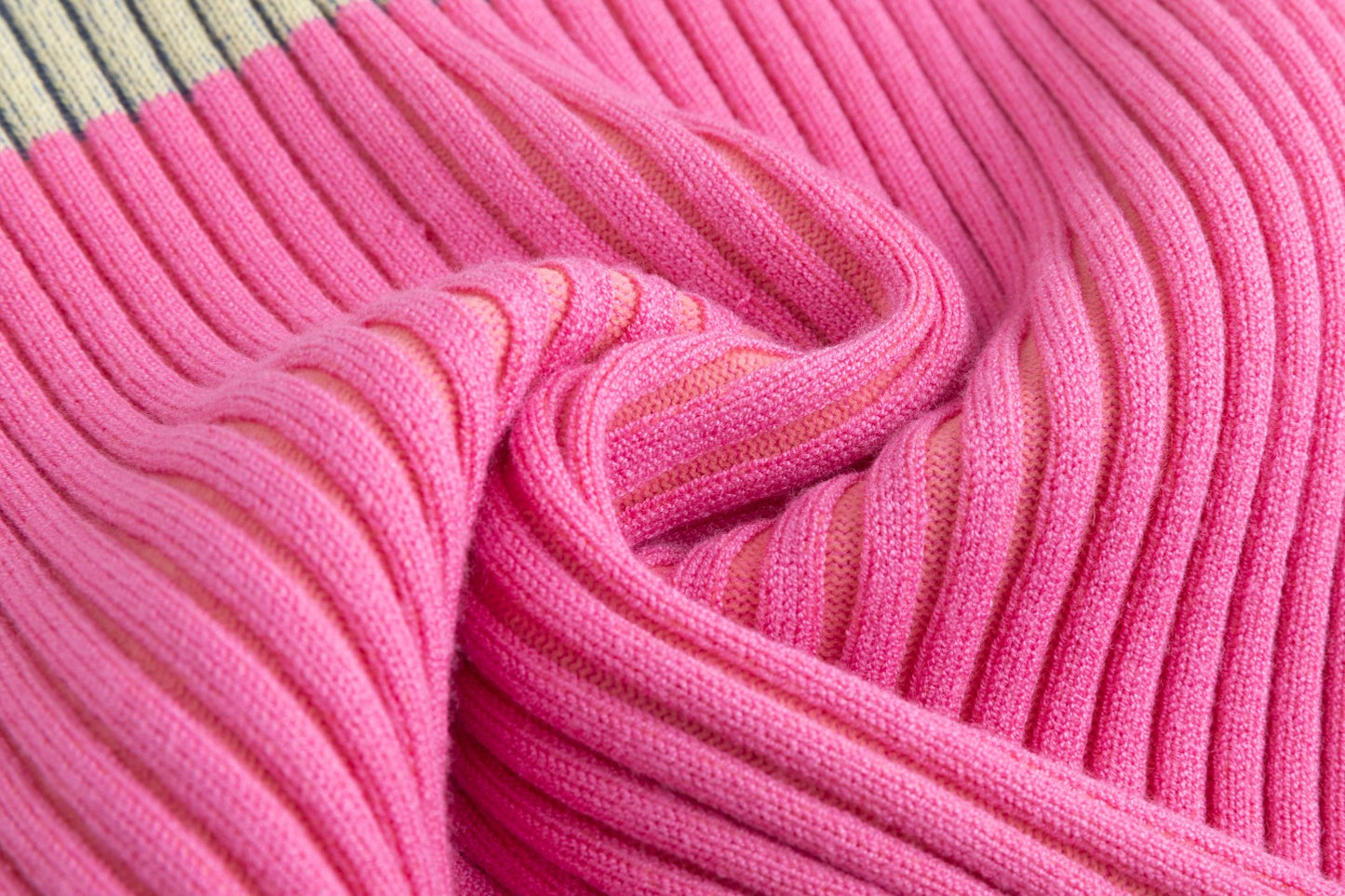 Pink And Green Knit Ribbed Top With Collar