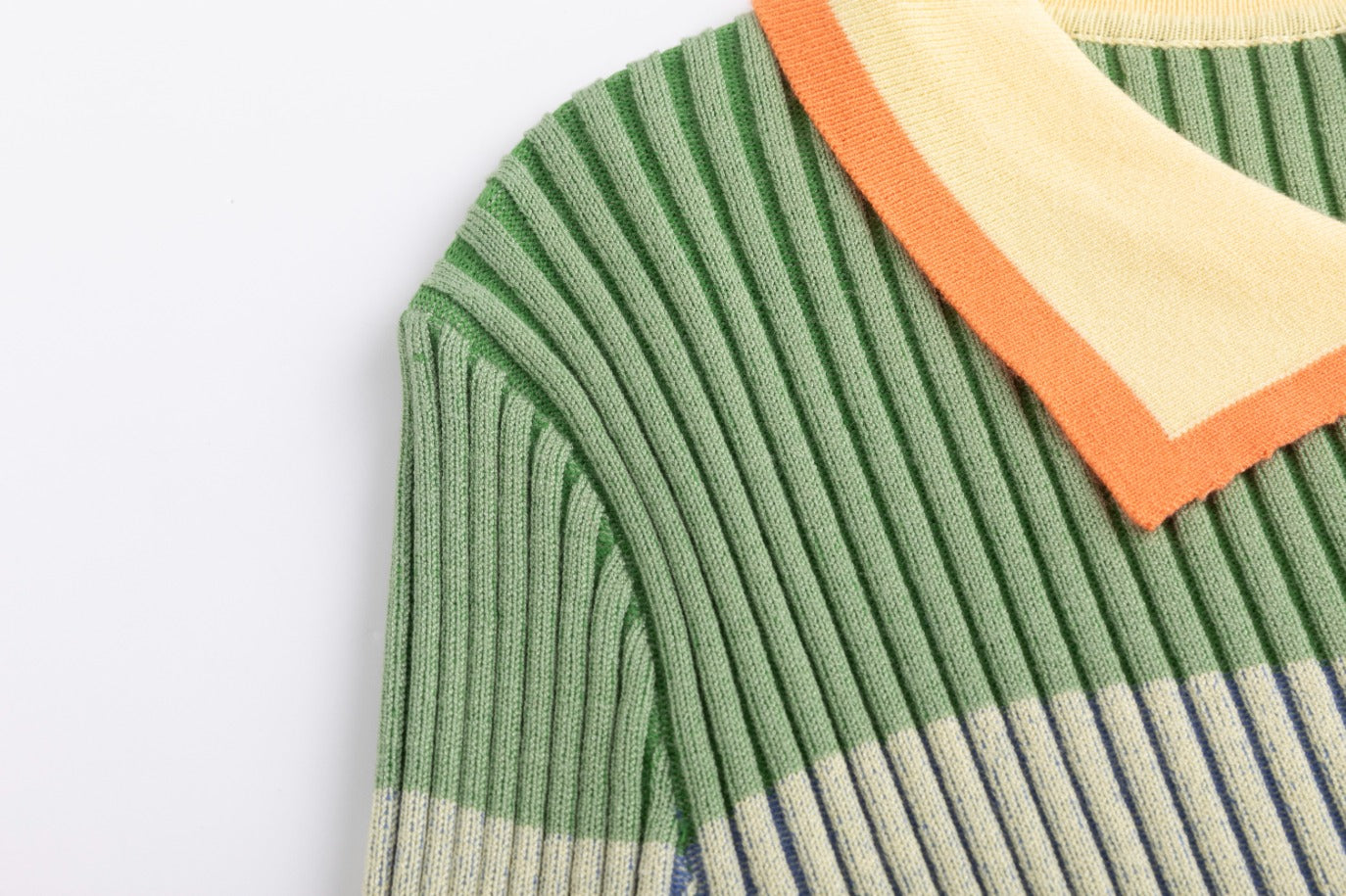 Pink And Green Knit Ribbed Top With Collar