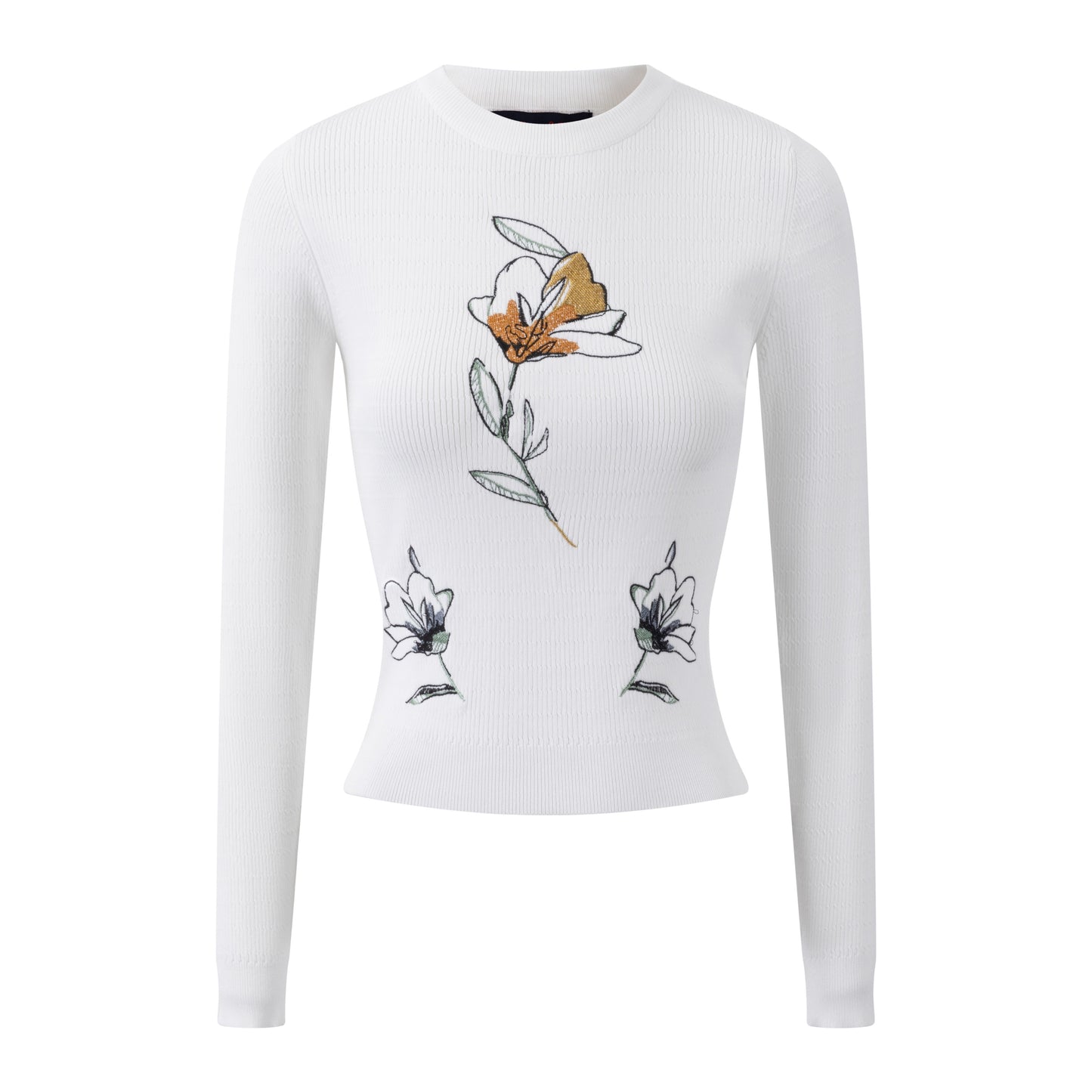 White Detailed Knit Top With Floral Embroidery