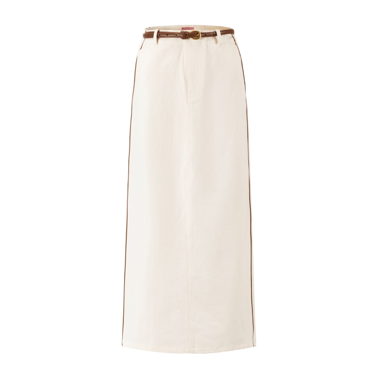 Denim Skirt With Brown Stitching And Belt - Ivory