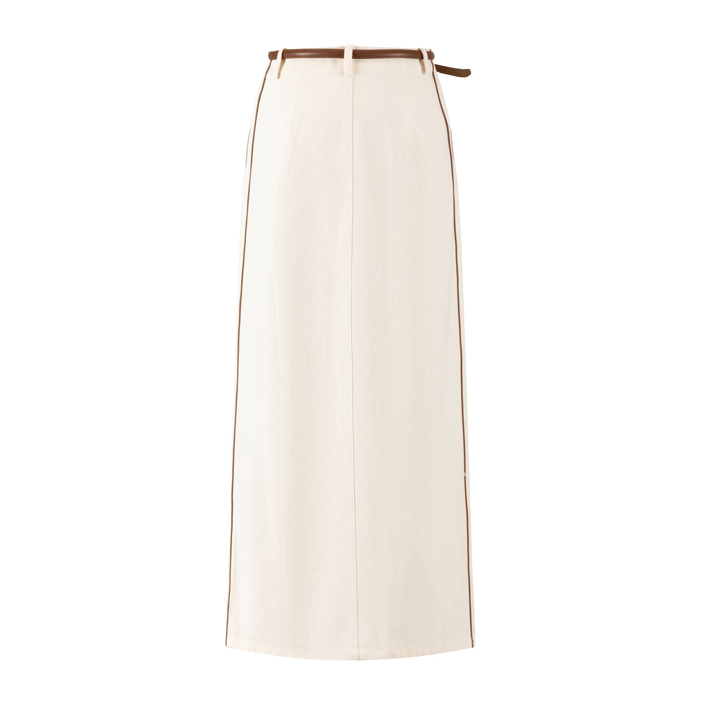 Denim Skirt With Brown Stitching And Belt - Ivory