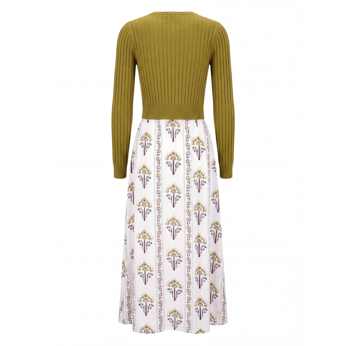 White And Olive Blossom Dress With Olive Cardigan