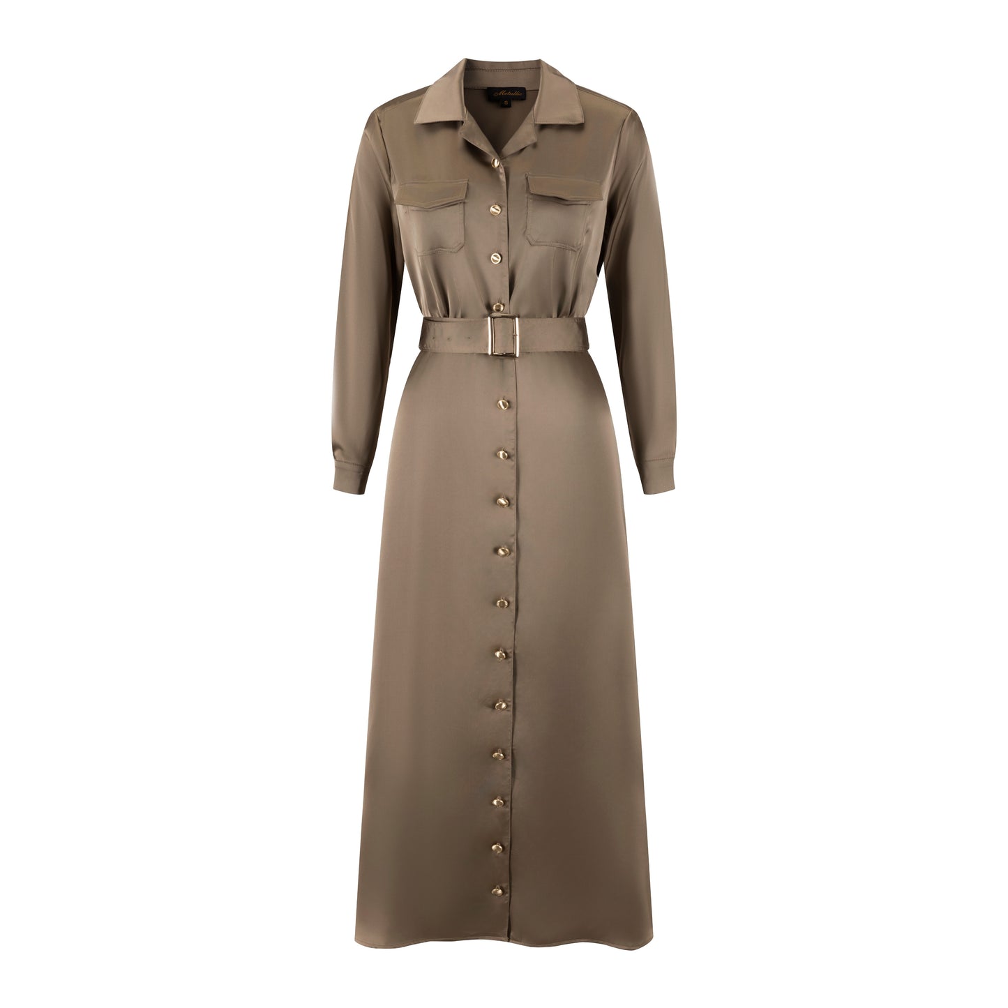 Belted Dress With Gold Buttons - Brown