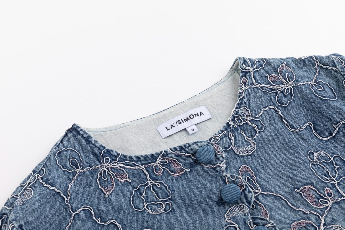 Abstract Embroidery Denim Top