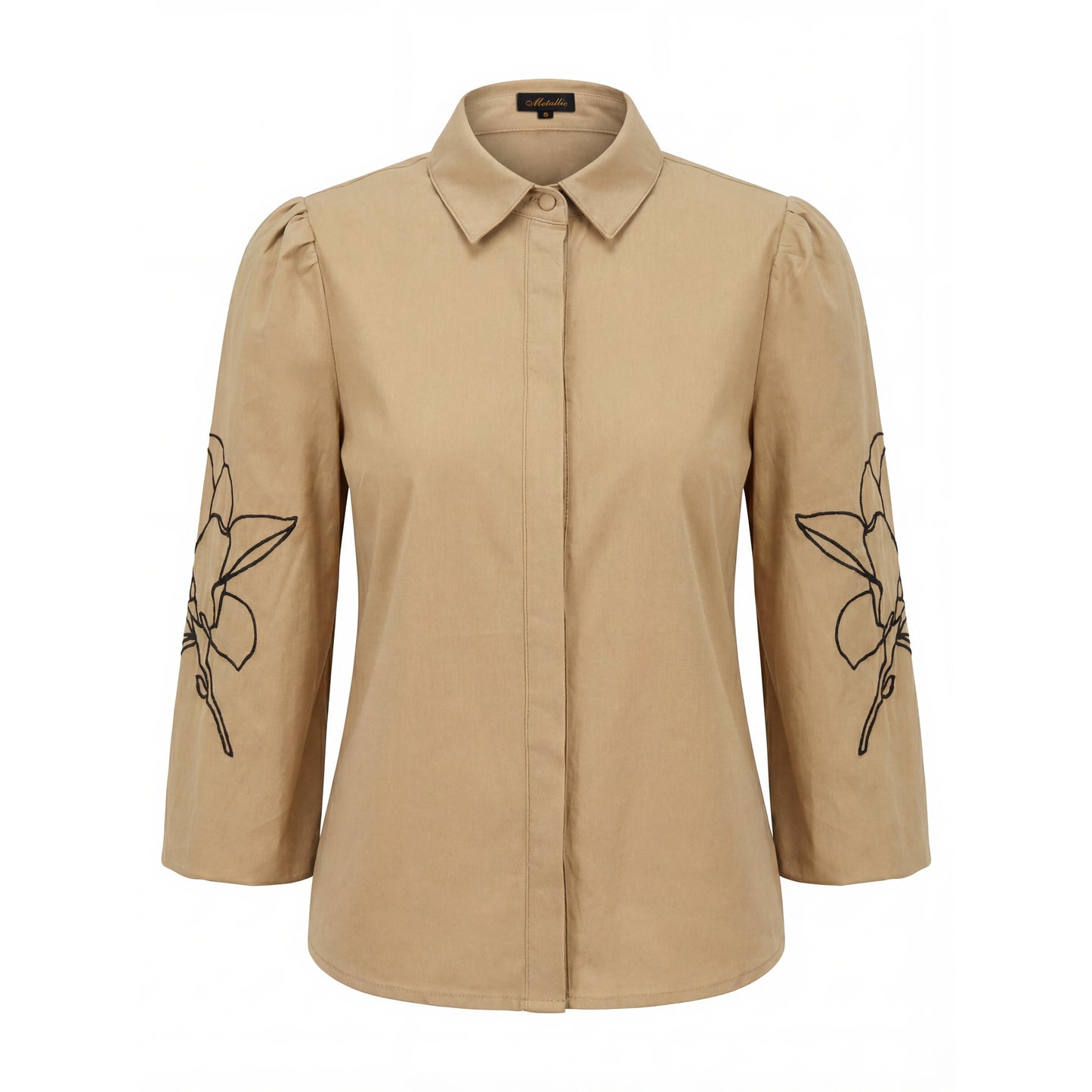 Cotton Blouse With Embroidered Sleeves - Tan