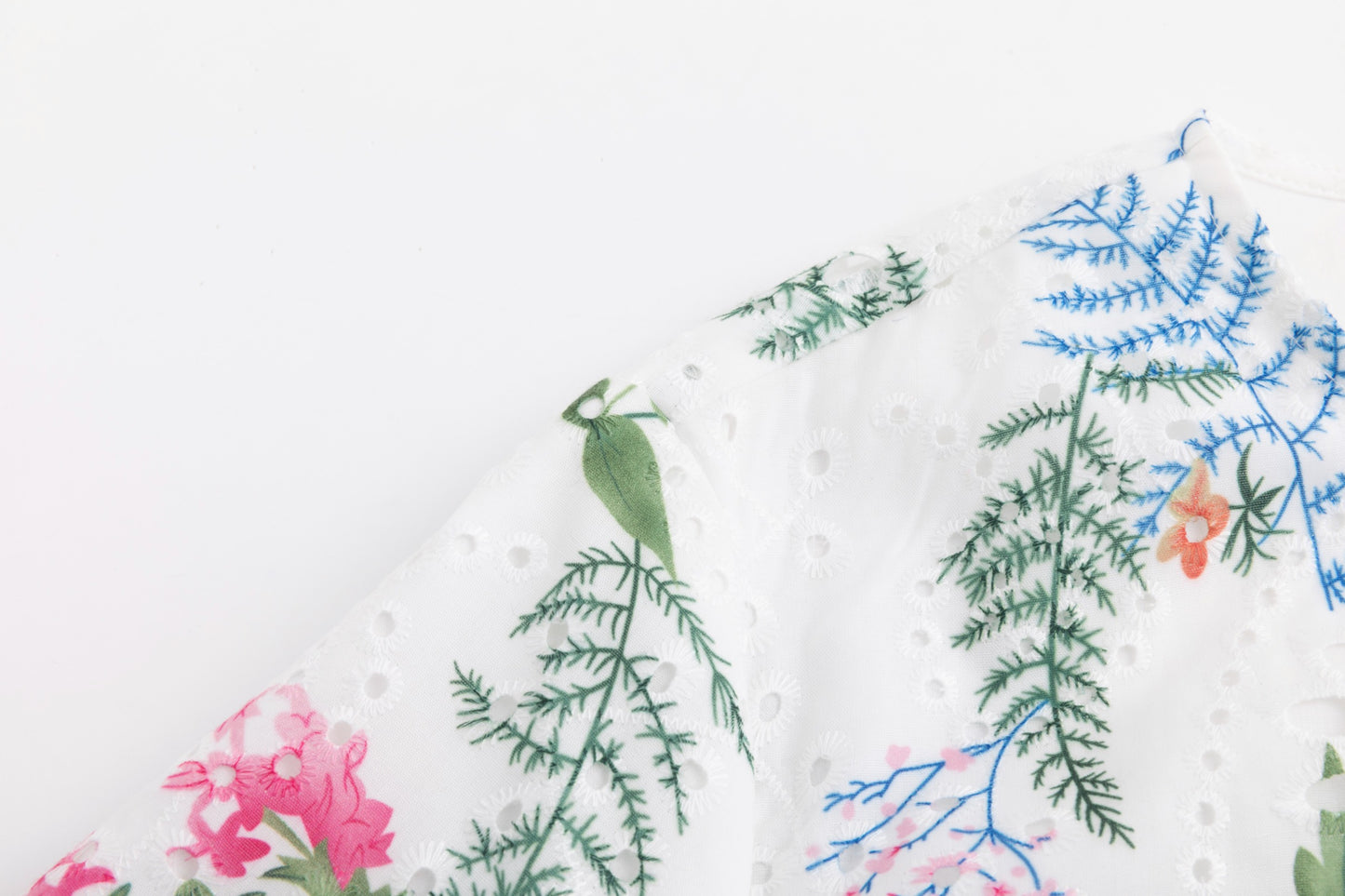 Eyelet White Dress With Blue Floral Print