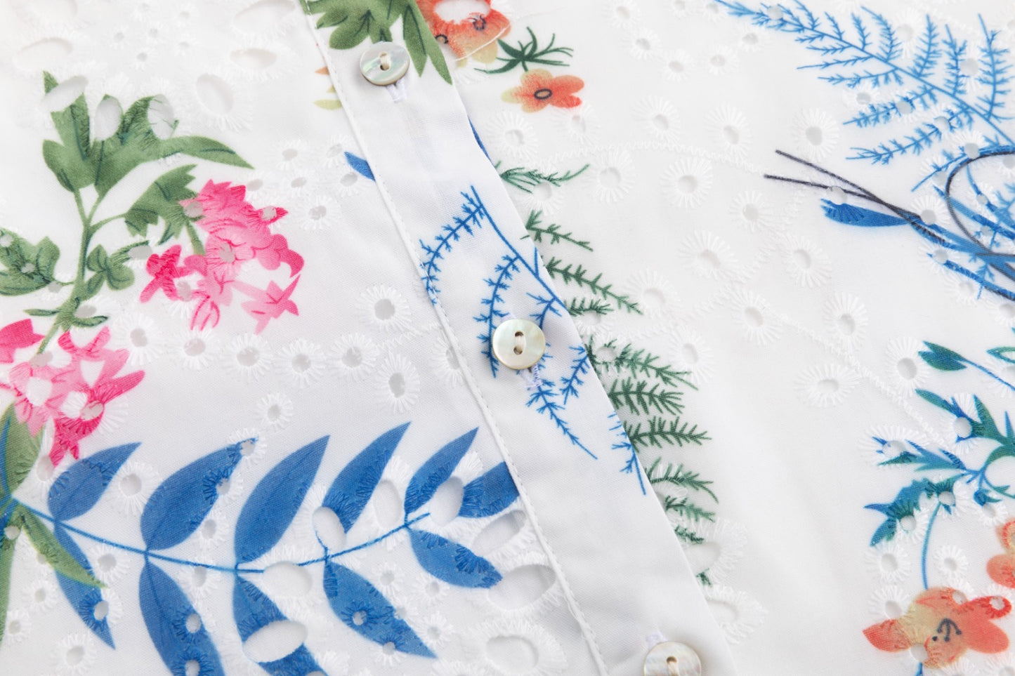 Eyelet White Dress With Blue Floral Print