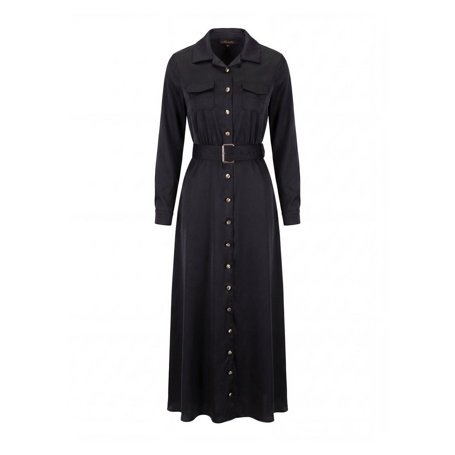 Belted Dress With Gold Buttons - Black