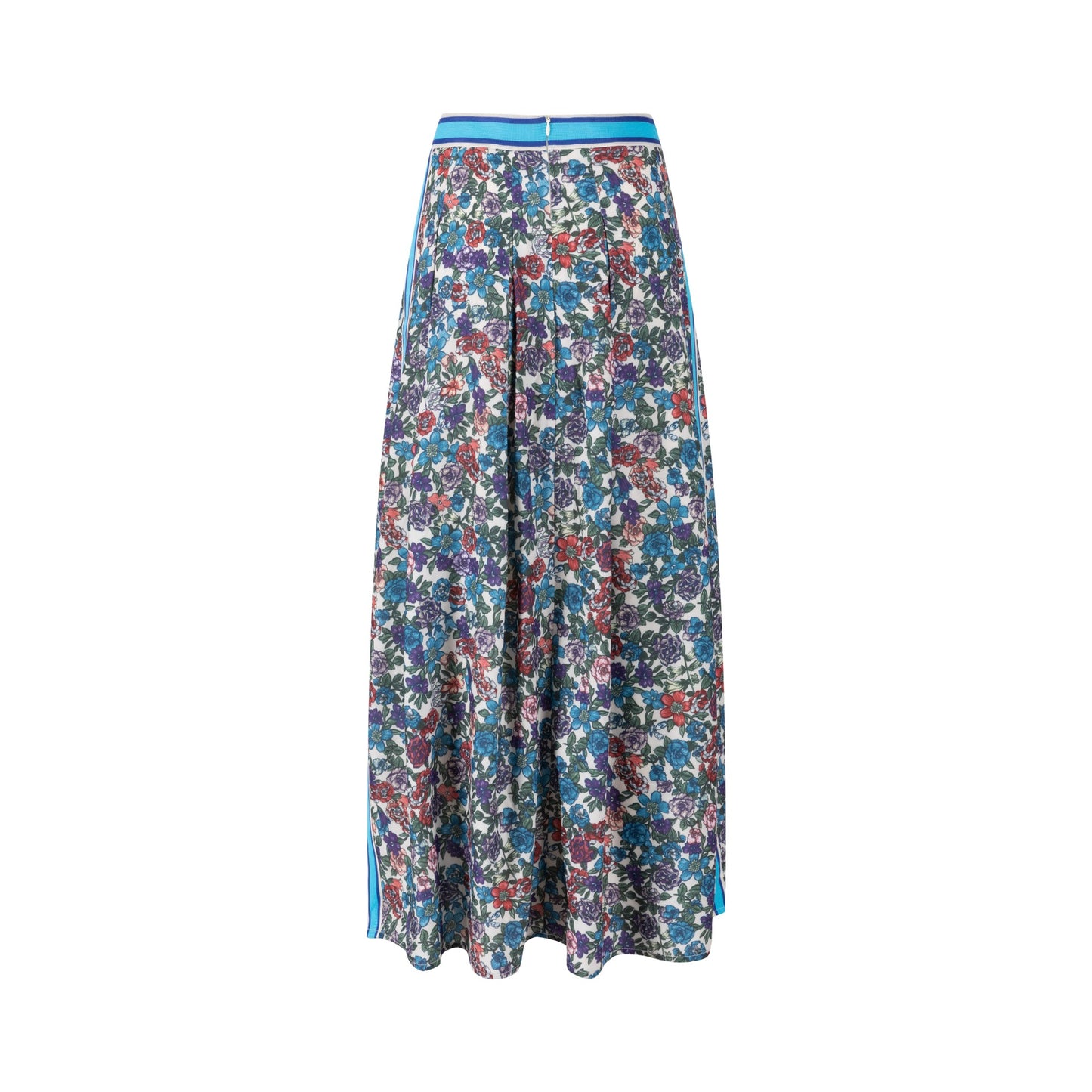 Blue And Red Floral Skirt With Striped Waist