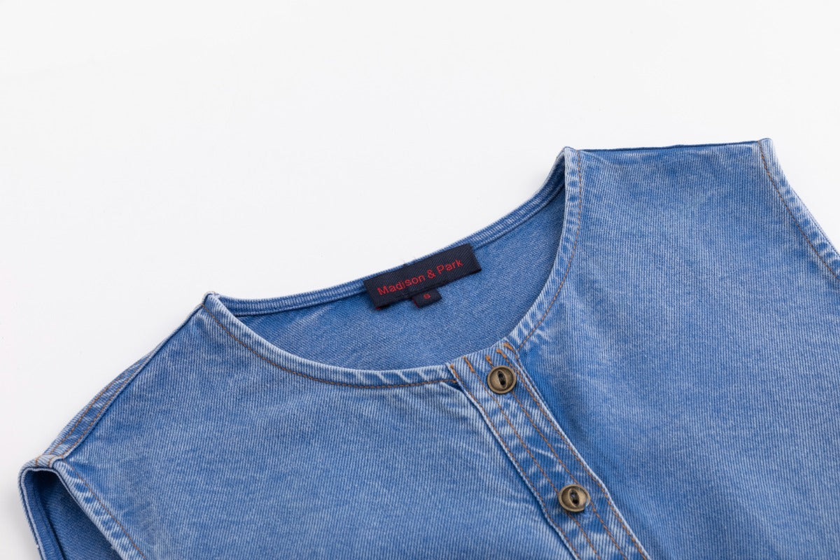 Drawstring Washed Denim Jumper - Blue