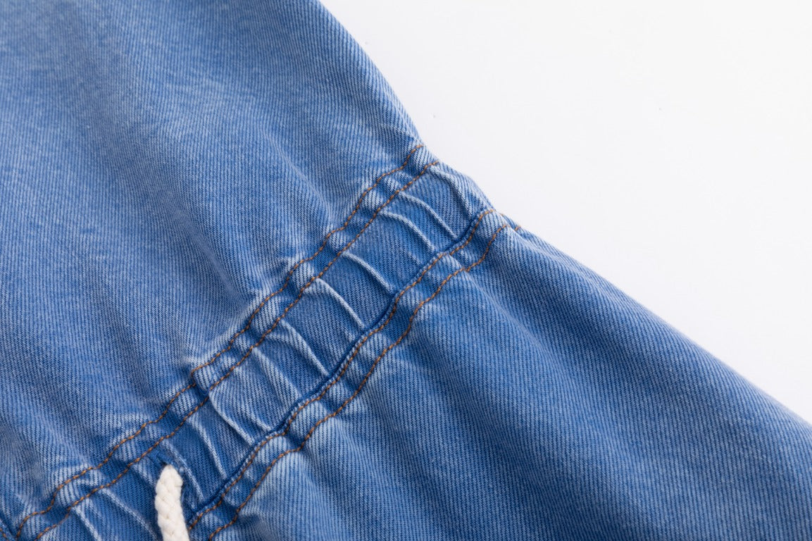 Drawstring Washed Denim Jumper - Blue