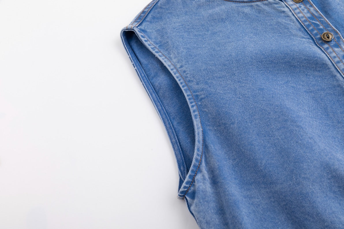 Drawstring Washed Denim Jumper - Blue