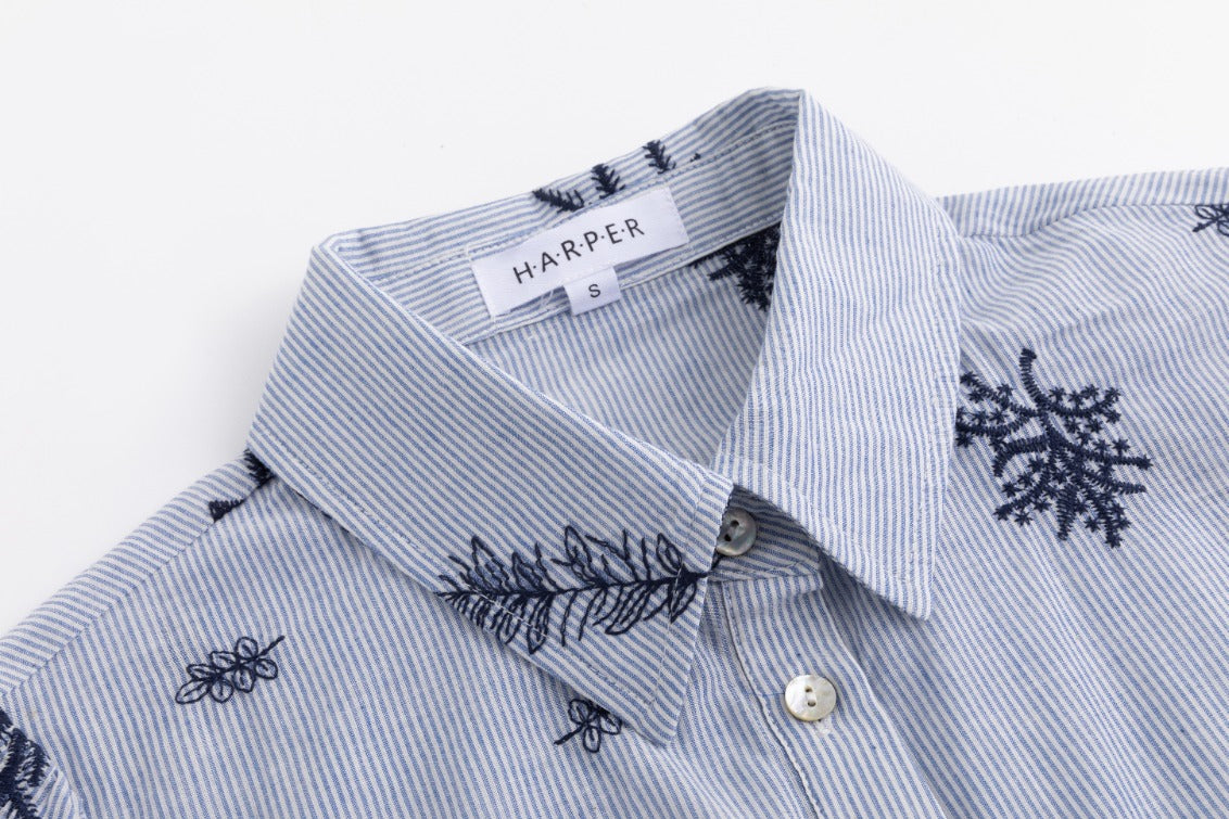 Blue Striped Blouse With Embroidery