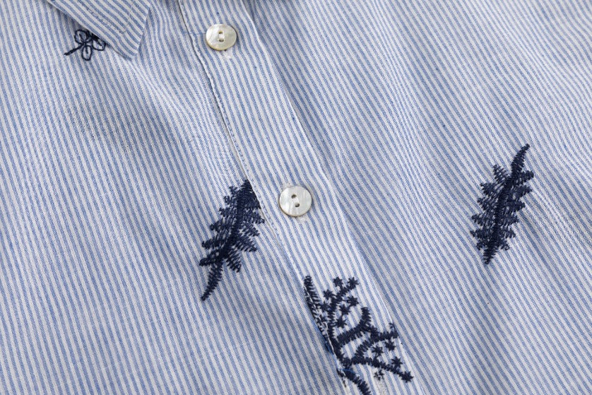Blue Striped Blouse With Embroidery