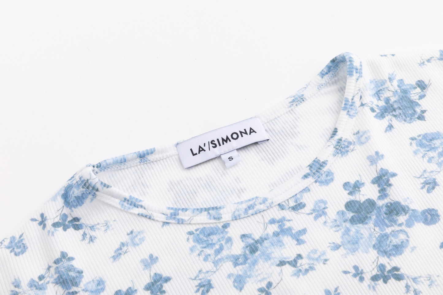 Blue Floral Print Ribbed Top