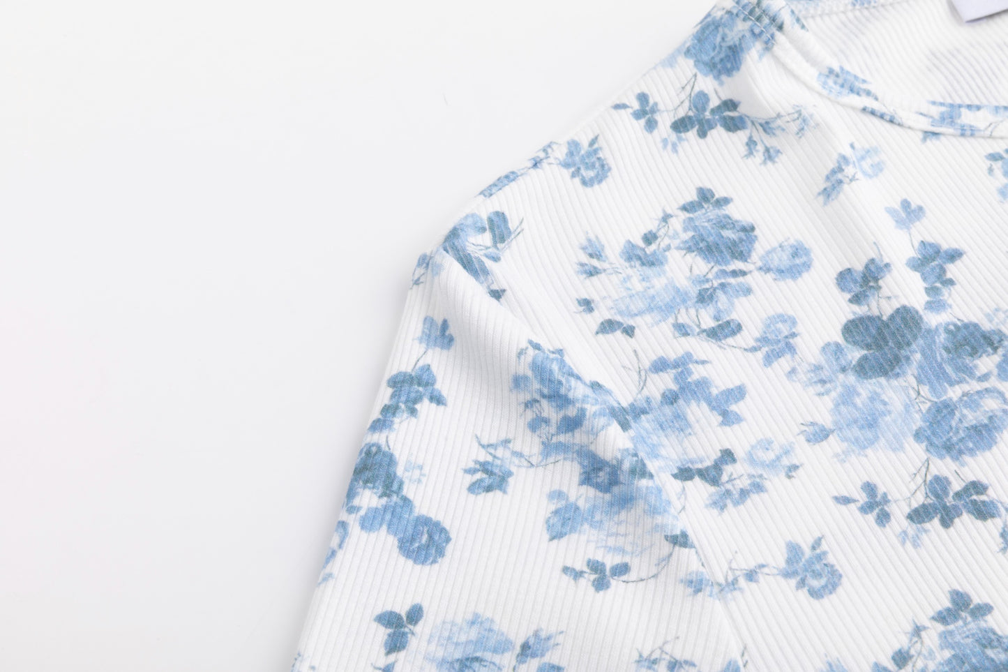 Blue Floral Print Ribbed Top