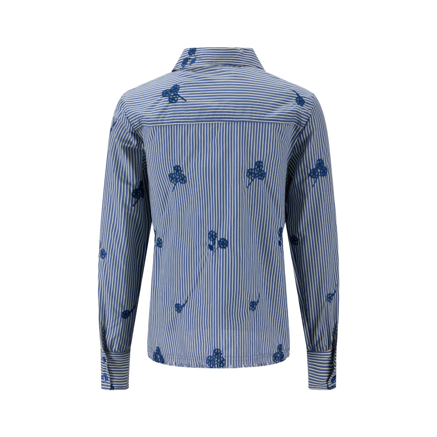 Frayed Hem Navy Embroidery Striped Shirt
