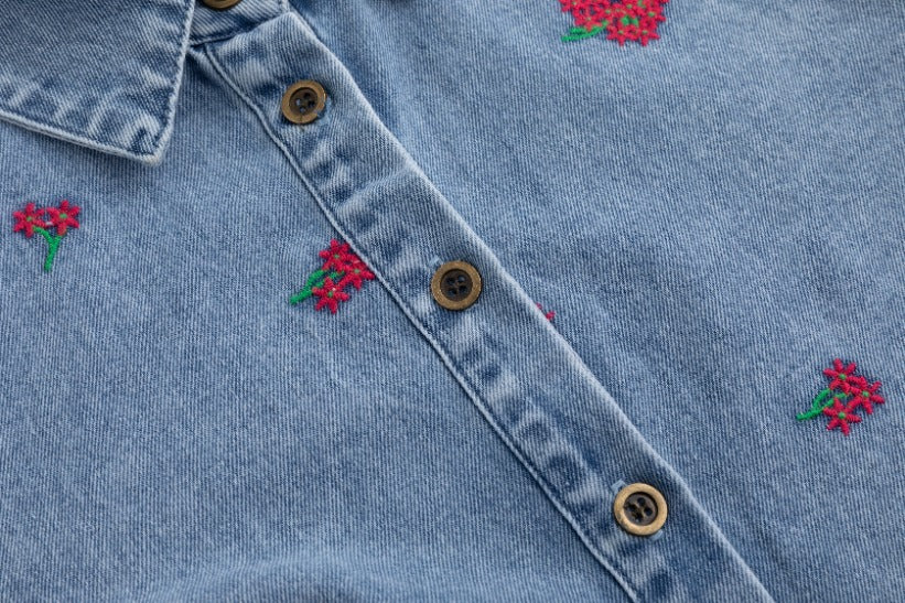 Red Flowers Embroidered Denim Top - Light Blue