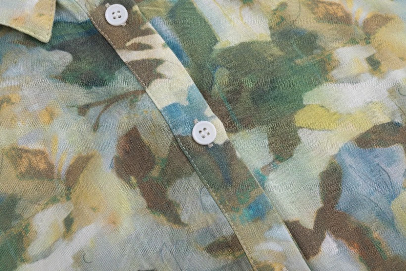 Painted Floral Linen Blouse Sea Blue