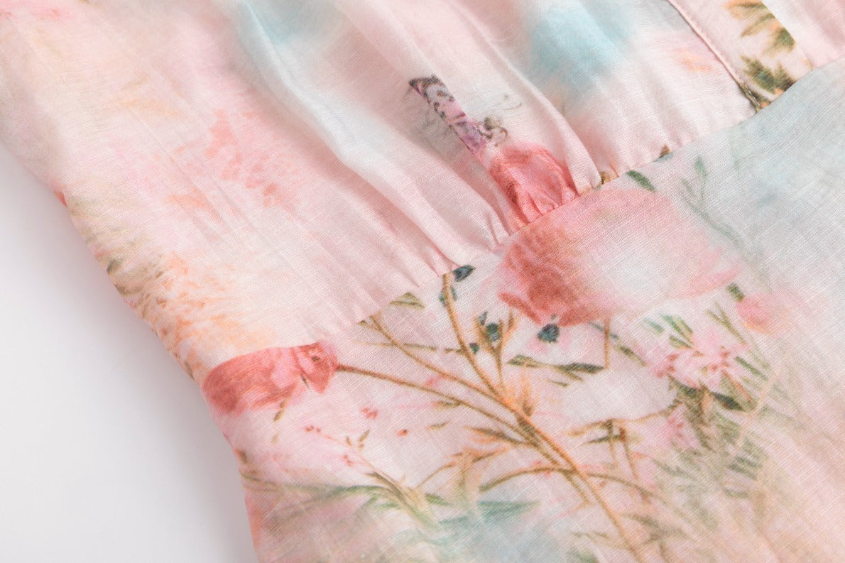 Butterfly Print Pink Dress With Braided Belt
