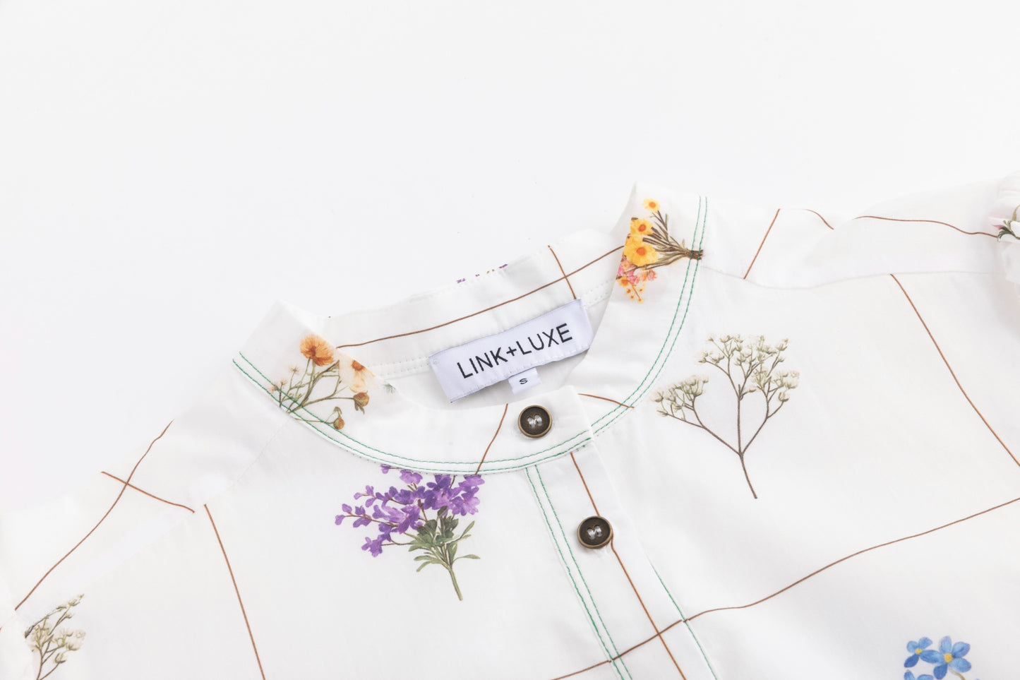 Bouquet Grid Print White Dress With Contrast Hem