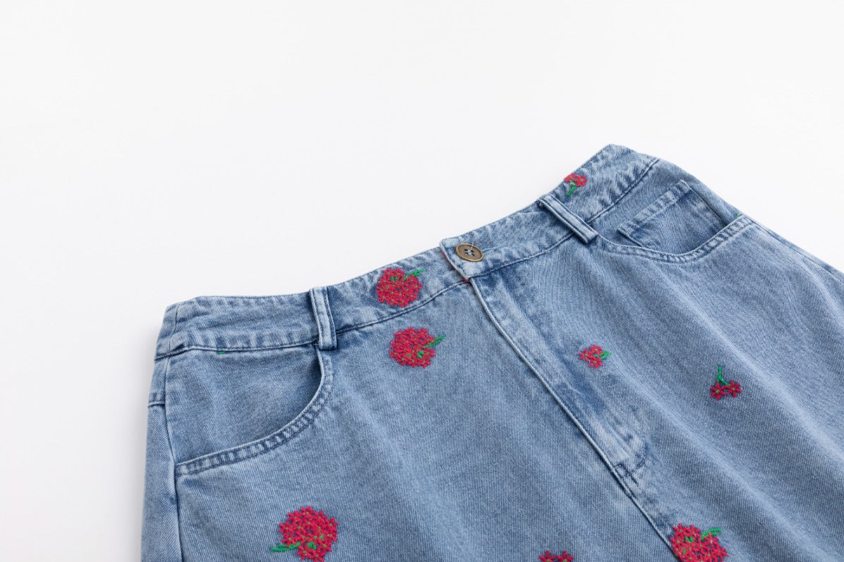 Red Flowers Embroidered Denim Skirt - Light Blue