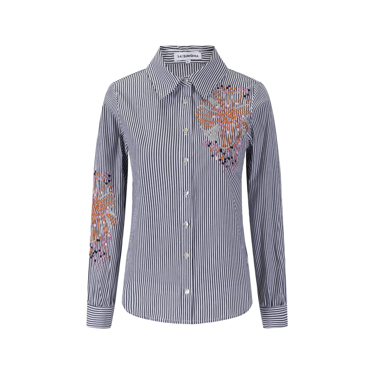Black Stripes Shirt With Big Orange Flower Embroidery