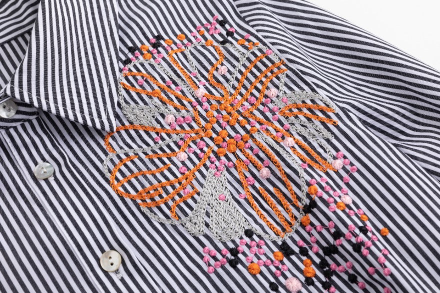 Black Stripes Shirt With Big Orange Flower Embroidery