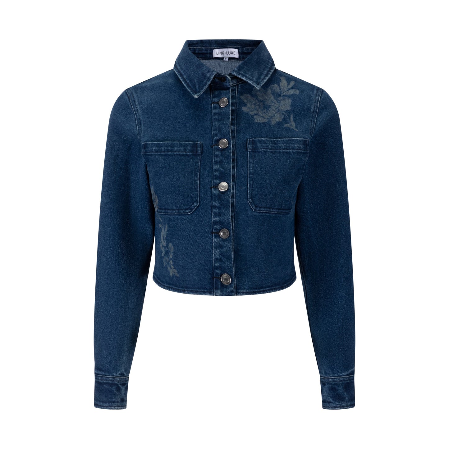 Acid Washed Flower Print Denim Top - Blue