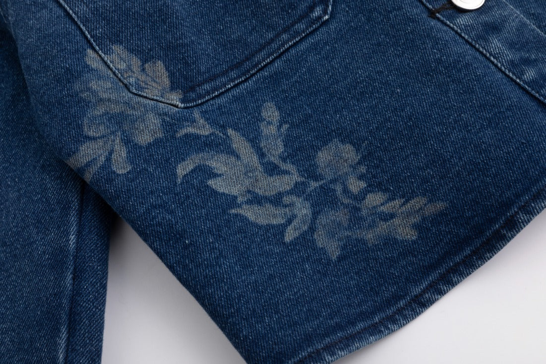 Acid Washed Flower Print Denim Top - Blue