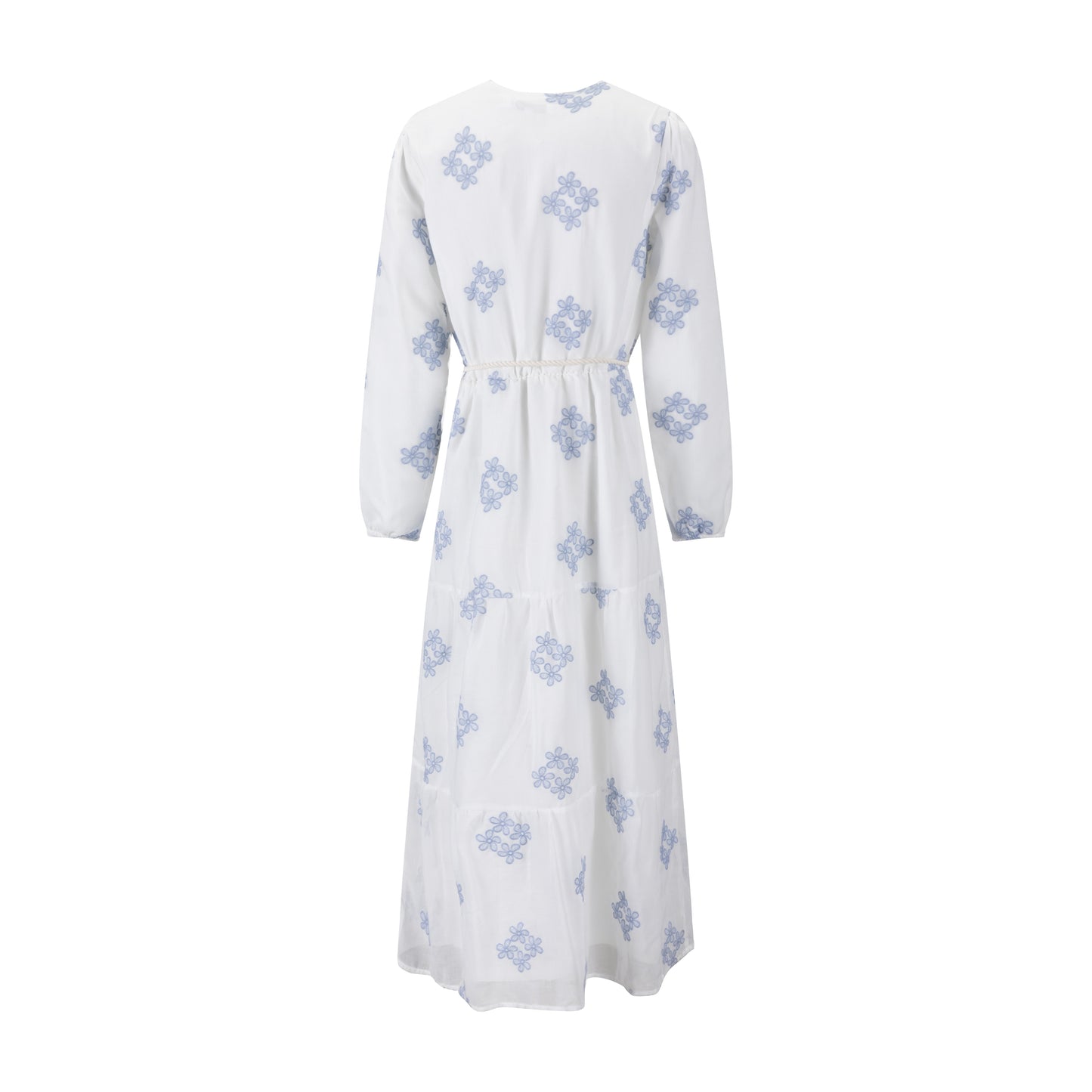 Ivory Dress With Blue Floral Embroidery