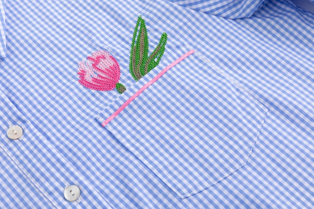 Embroidered Pocket Blue Mini Checkered Shirt