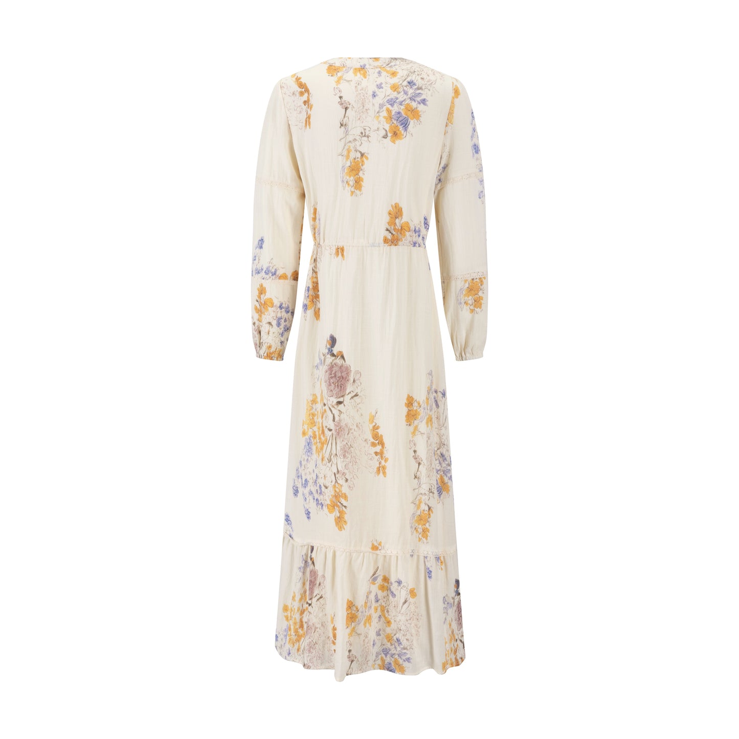 Ivory Base Floral Dress With Lace Trim Sleeves