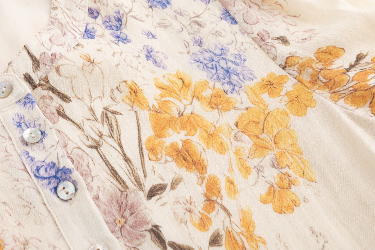 Ivory Base Floral Dress With Lace Trim Sleeves