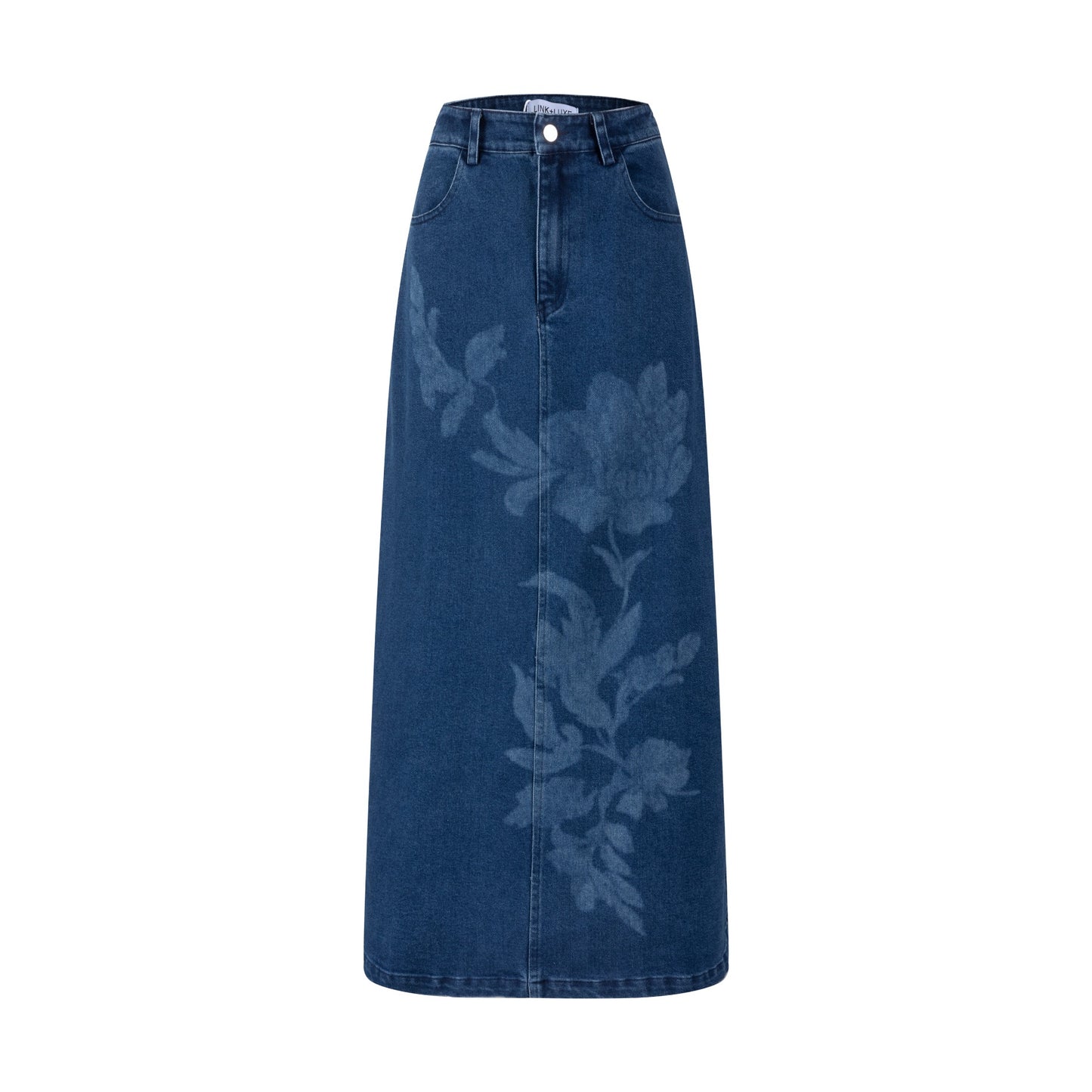 Acid Washed Flower Print Denim Skirt - Blue