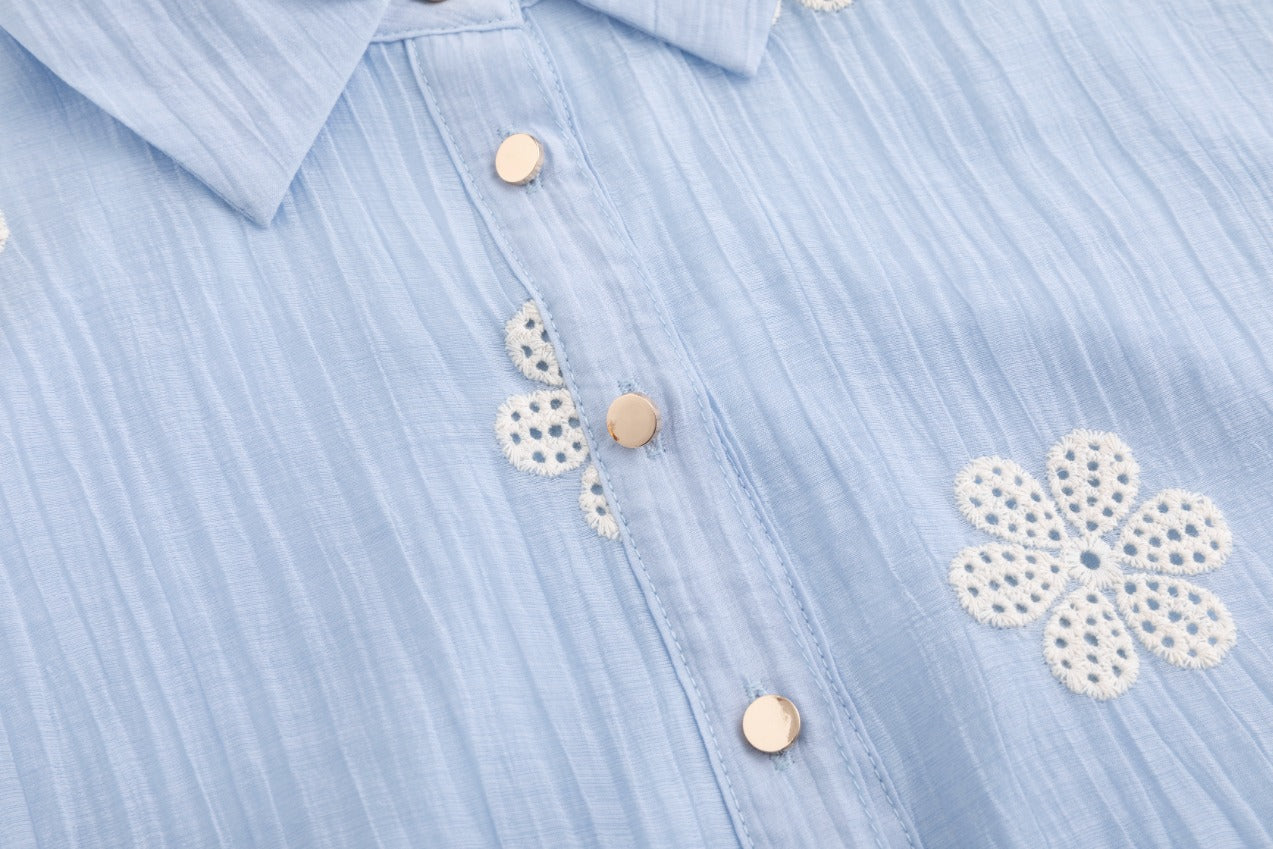 Blue Dress With Flower Eyelet And Crochet Belt