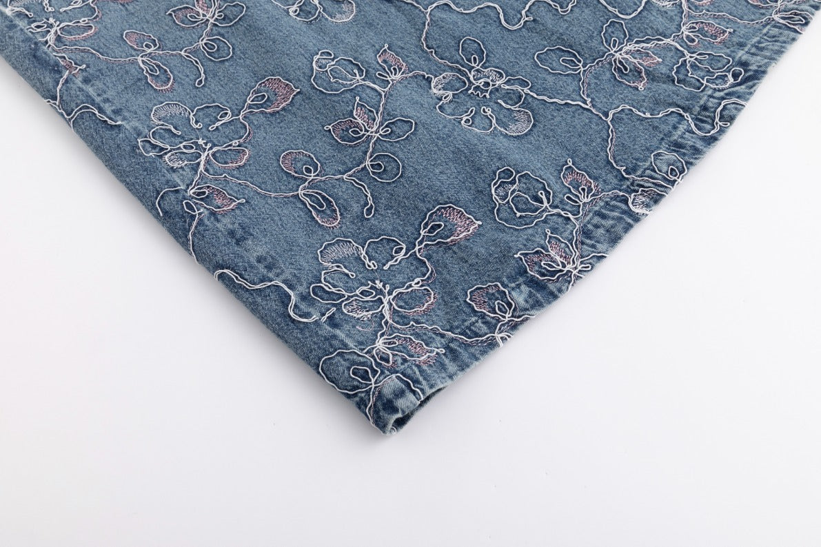 Abstract Embroidery Tie Waist Denim Skirt