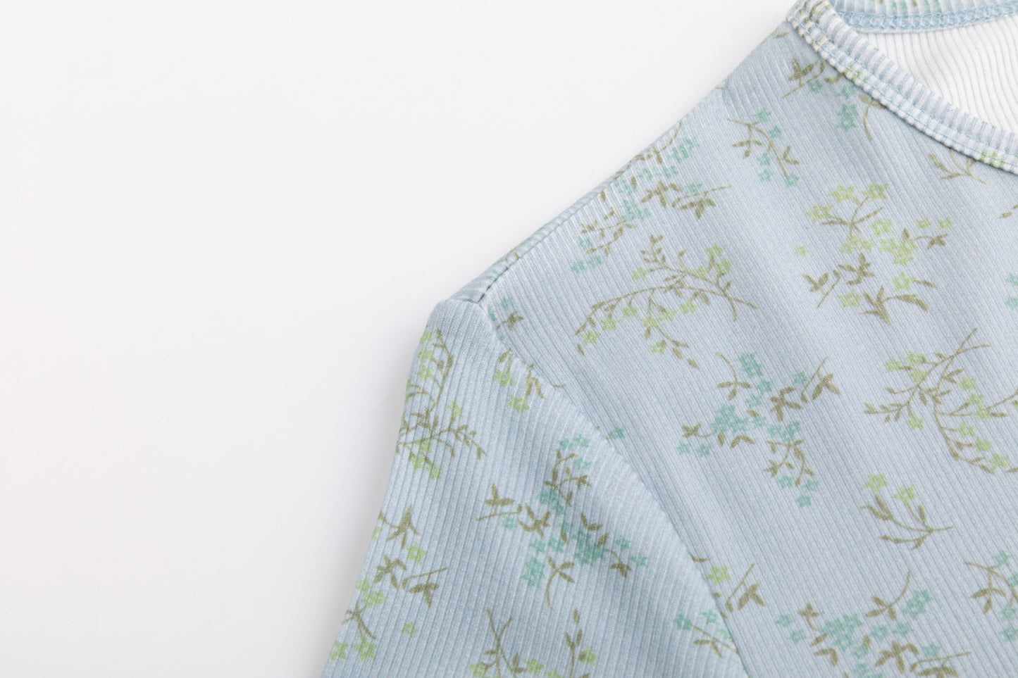 Light Blue Leaves Print Ivory Base Top