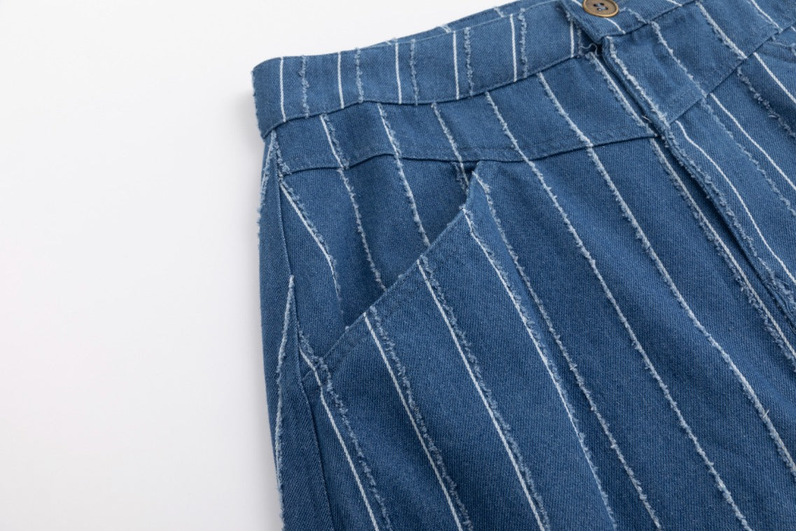 White And Ragged Stripes Denim Skirt