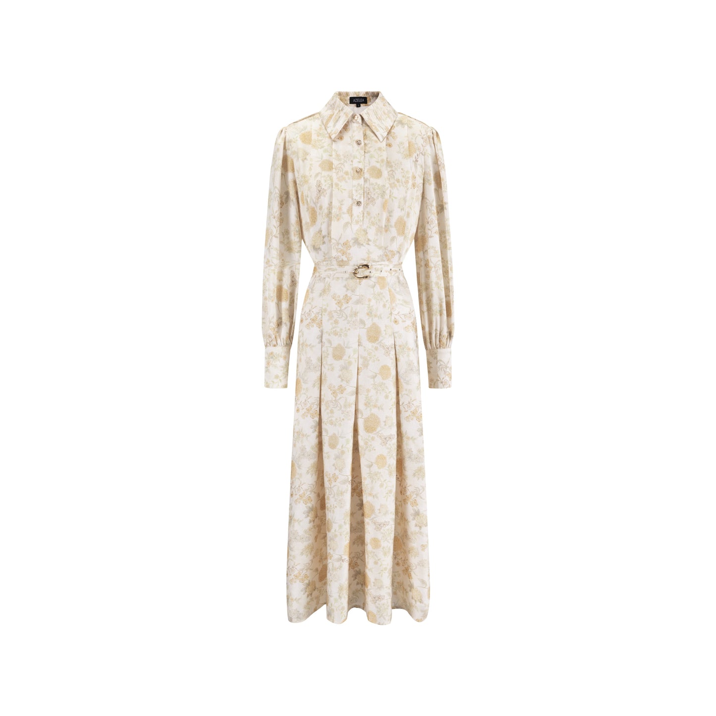 Yellow Floral Printed Pleated Dress With Detail