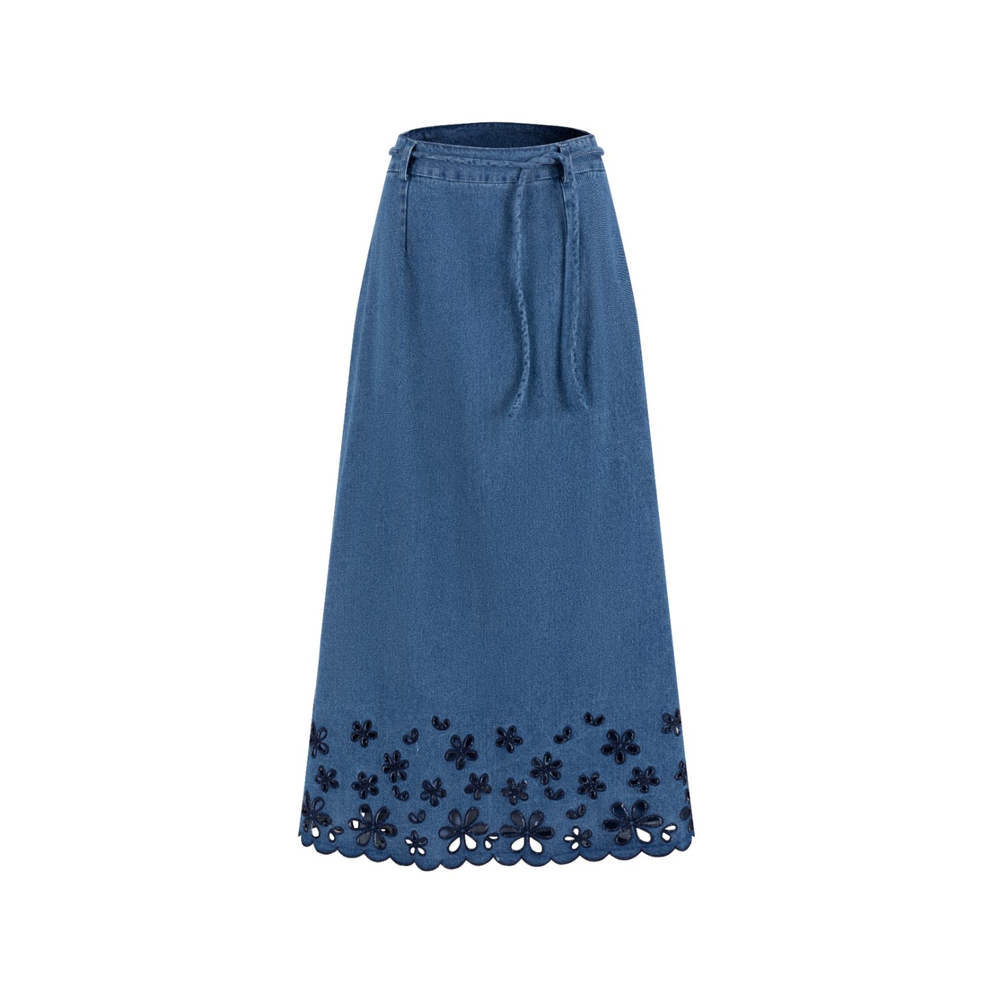 Blue Denim Skirt With Open Embroidery