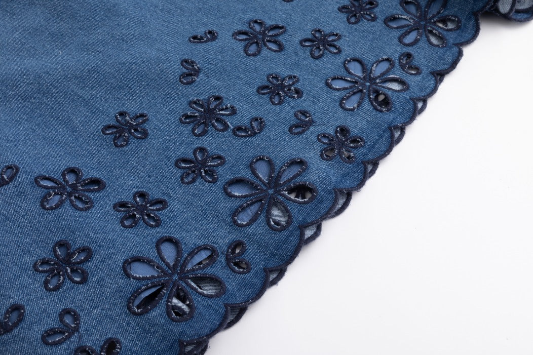 Blue Denim Skirt With Open Embroidery