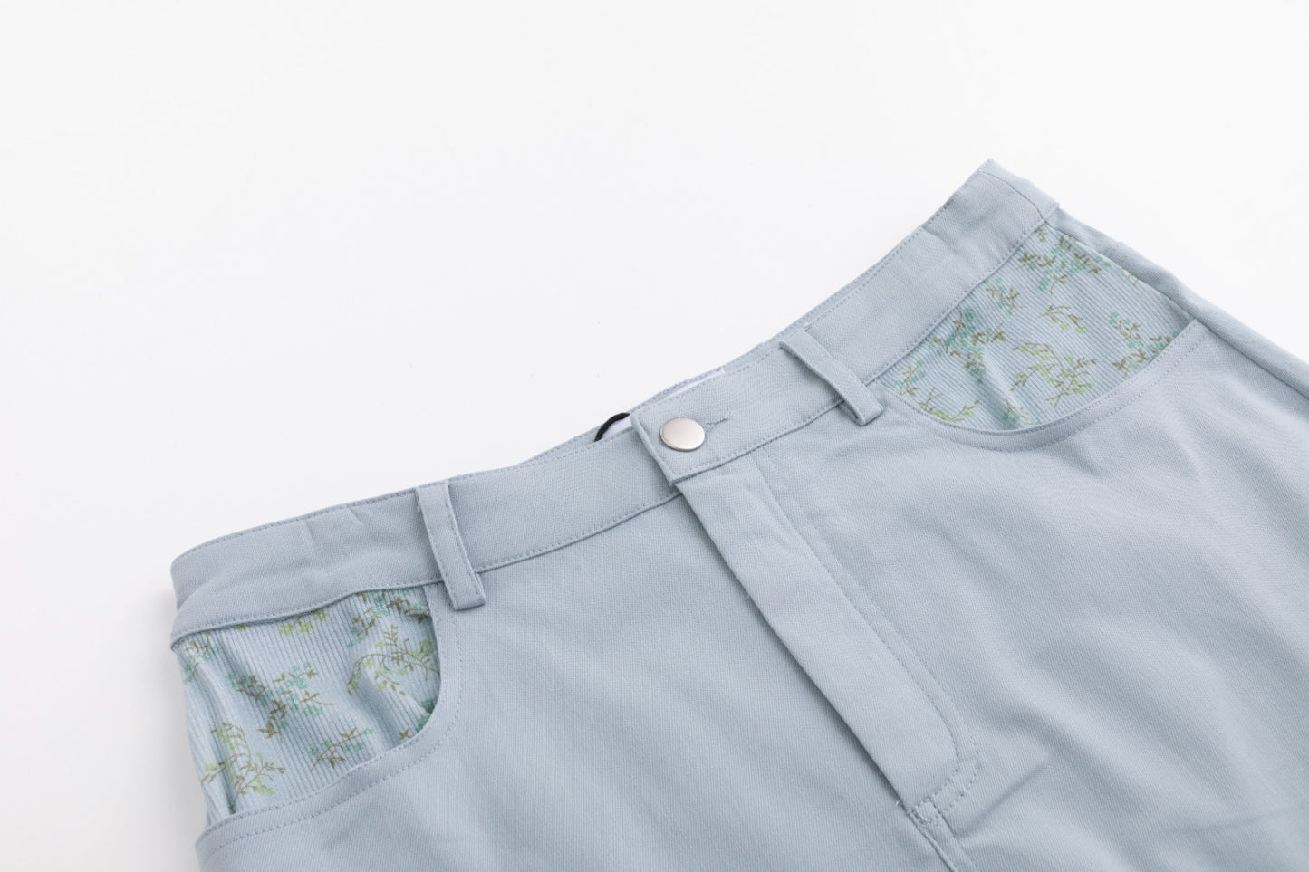 Light Blue Skirt With Green Leaves Pocket Print