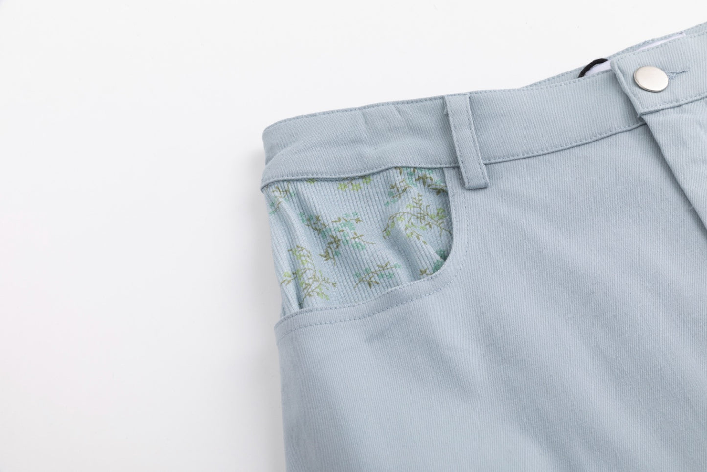 Light Blue Skirt With Green Leaves Pocket Print