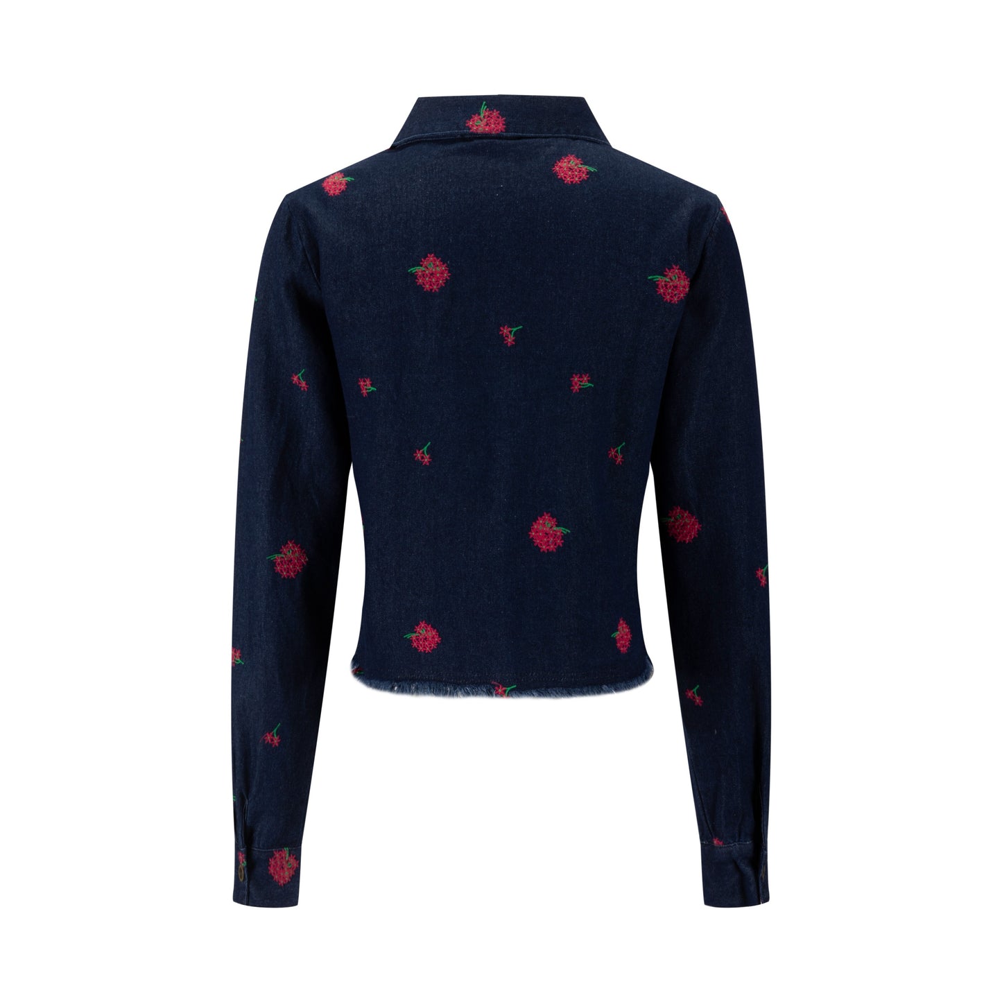 Red Flowers Embroidered Denim Top - Dark Blue